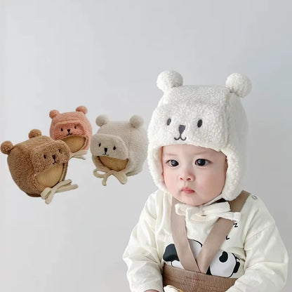 Cute Bear Baby Hat with Earflap Winter Warm Lamb Wool Infant Beanie Cap Solid Color Cartoon Ears Toddler Ear Protection Caps 모자