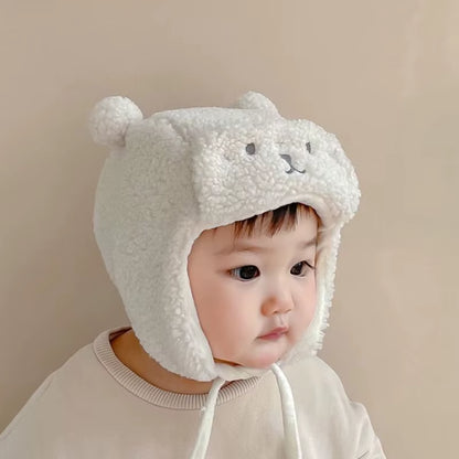 Cute Bear Baby Hat with Earflap Winter Warm Lamb Wool Infant Beanie Cap Solid Color Cartoon Ears Toddler Ear Protection Caps 모자