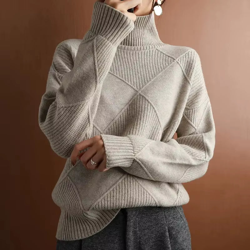 Autumn and Winter New Women'S Pullover Sweater Thickened Warmth Fashion Knitted Wool Sweater High Collar DF4845