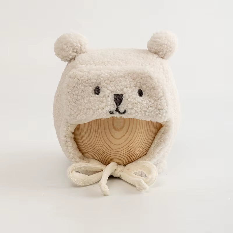 Cute Bear Baby Hat with Earflap Winter Warm Lamb Wool Infant Beanie Cap Solid Color Cartoon Ears Toddler Ear Protection Caps 모자