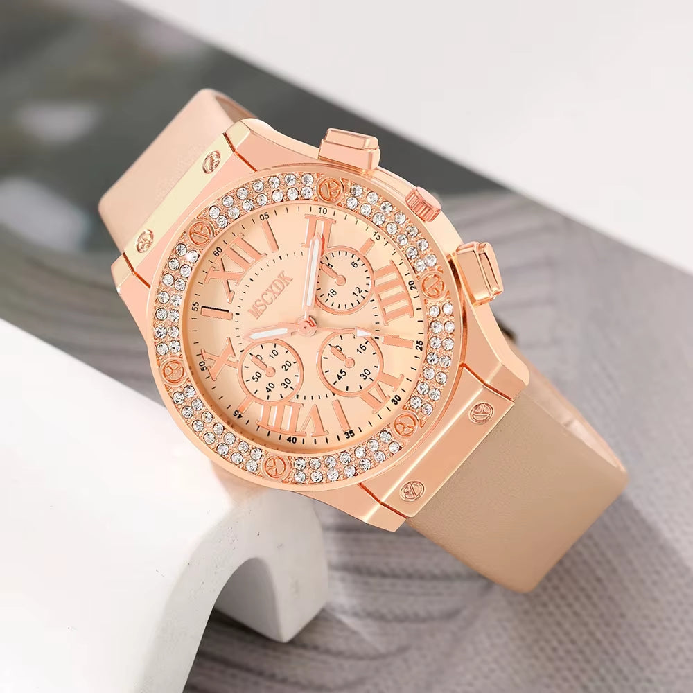 5PCS Set Fashion Women Jewelry Watches Ladies Dress Leather Quartz Watch Rhinestone Womens Necklace Earrings Bracelet Wristwatch