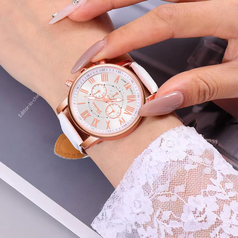 6PCS Set Fashion Women Watches Simple Ladies Business White Leather Quartz Watch Womens Necklace Earrings Bracelet Wristwatch