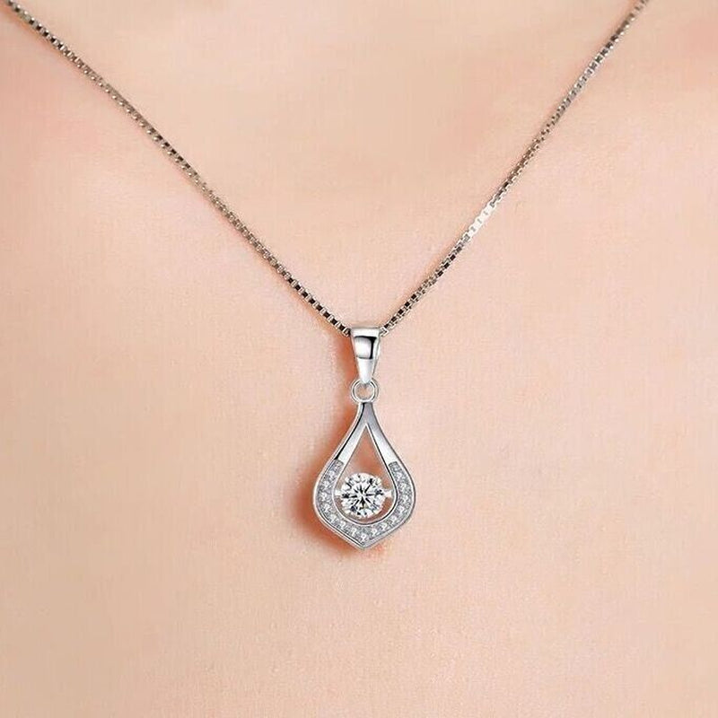 925 Sterling Silver Crystal Water Drop Pendant Necklace Women Girls Jewellery UK