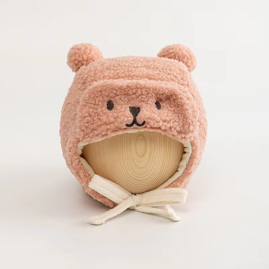 Cute Bear Baby Hat with Earflap Winter Warm Lamb Wool Infant Beanie Cap Solid Color Cartoon Ears Toddler Ear Protection Caps 모자