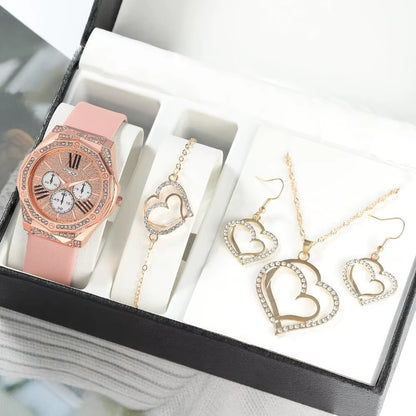 5PCS Set Fashion Women Jewelry Watches Ladies Dress Leather Quartz Watch Rhinestone Womens Necklace Earrings Bracelet Wristwatch