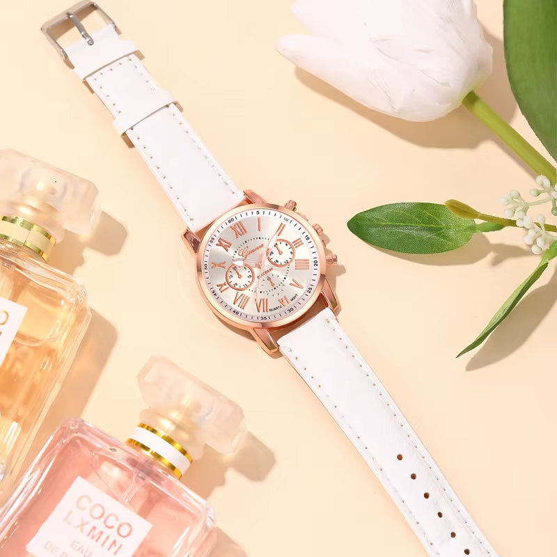 6PCS Set Fashion Women Watches Simple Ladies Business White Leather Quartz Watch Womens Necklace Earrings Bracelet Wristwatch