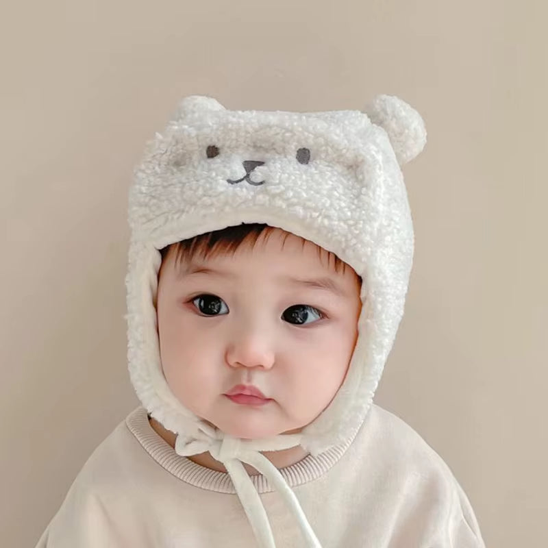 Cute Bear Baby Hat with Earflap Winter Warm Lamb Wool Infant Beanie Cap Solid Color Cartoon Ears Toddler Ear Protection Caps 모자