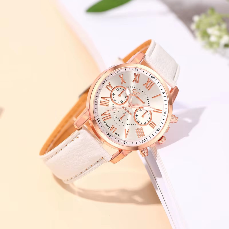 6PCS Set Fashion Women Watches Simple Ladies Business White Leather Quartz Watch Womens Necklace Earrings Bracelet Wristwatch