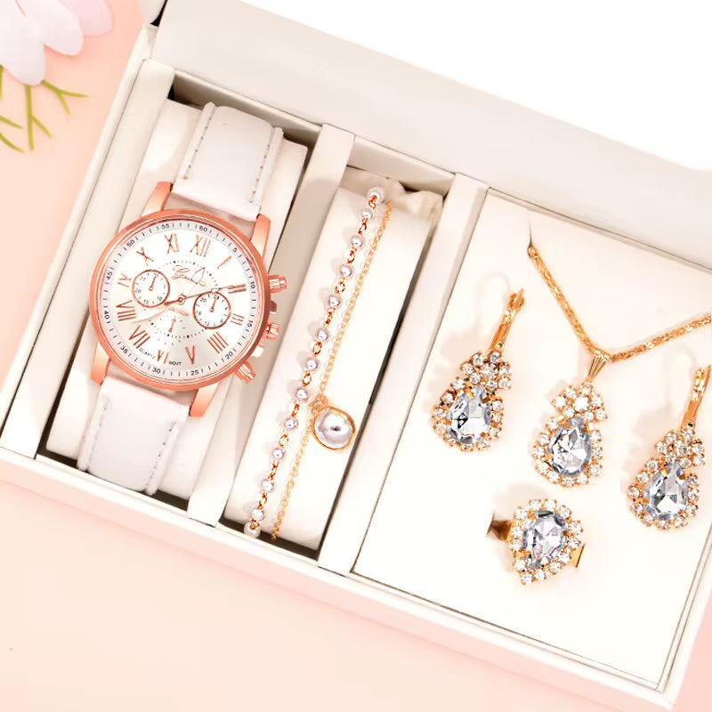 6PCS Set Fashion Women Watches Simple Ladies Business White Leather Quartz Watch Womens Necklace Earrings Bracelet Wristwatch