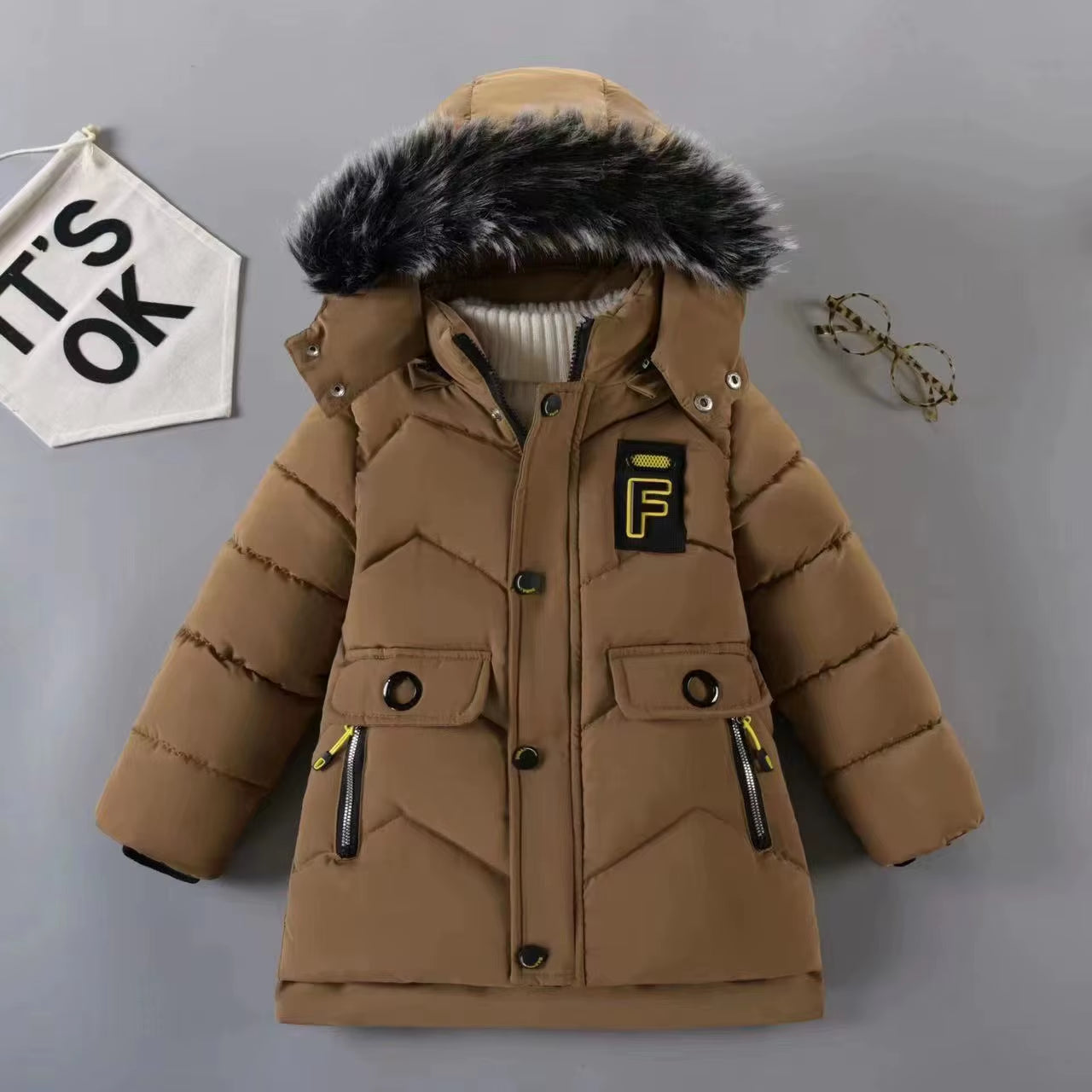 Winter New Boys Jacket Solid Color Letter Printing Thicken Keep Warm Hooded Coat for 3-10Y Kids Fashion down Cotton Snowsuit